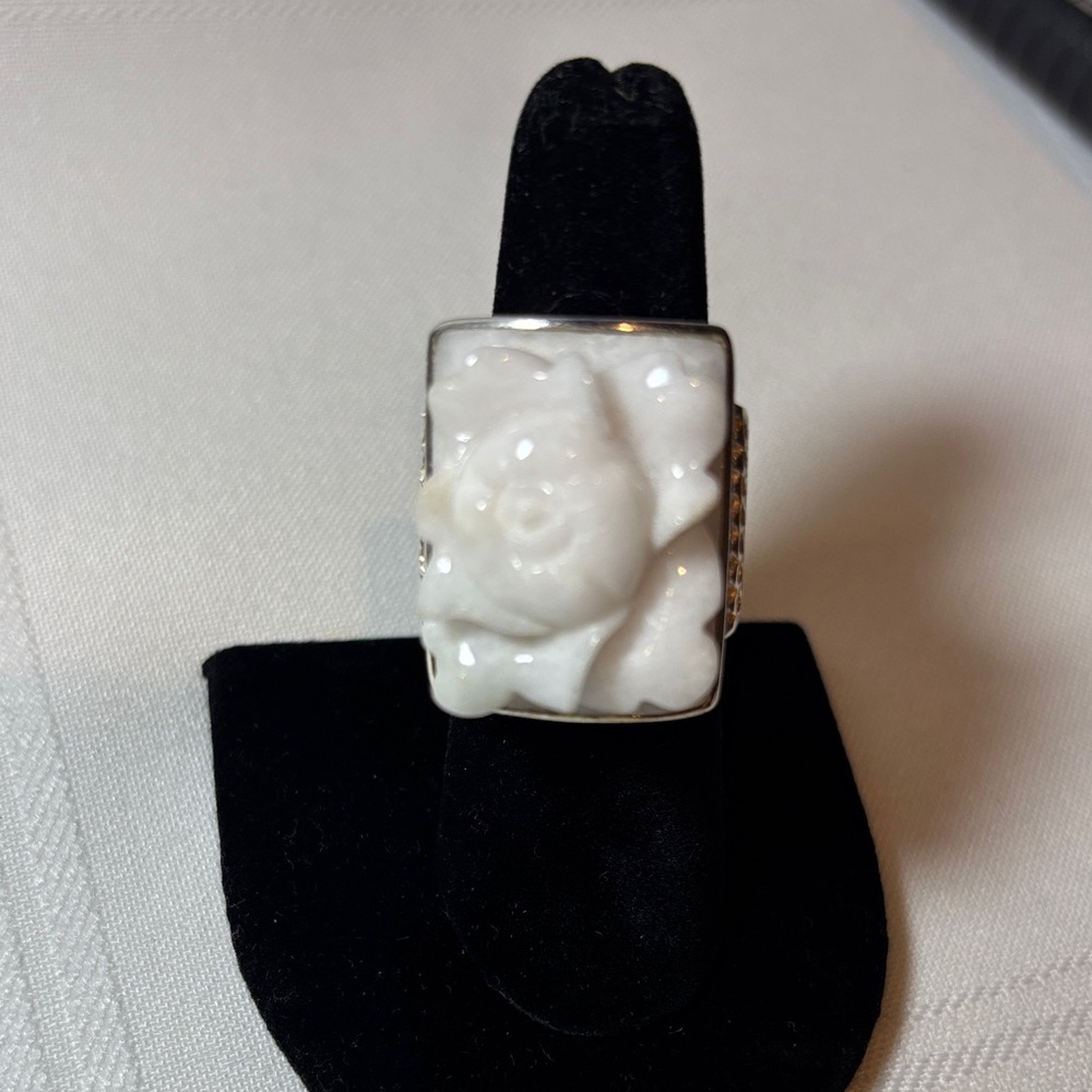 Carved White Floral Statement Ring in Silver-Tone Setting